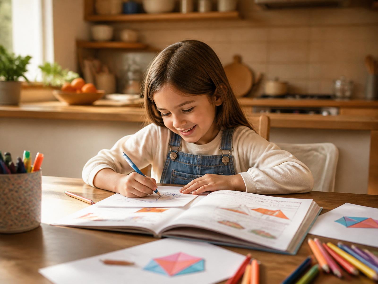 A child absorbed in a Learning Through Activities book at a kitchen table